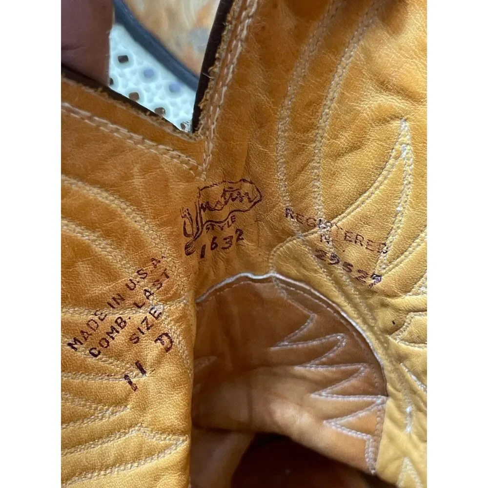 Vintage Justin Style 1632 Cowboy Boots Men's Size 11 D Tan Leather Western USA